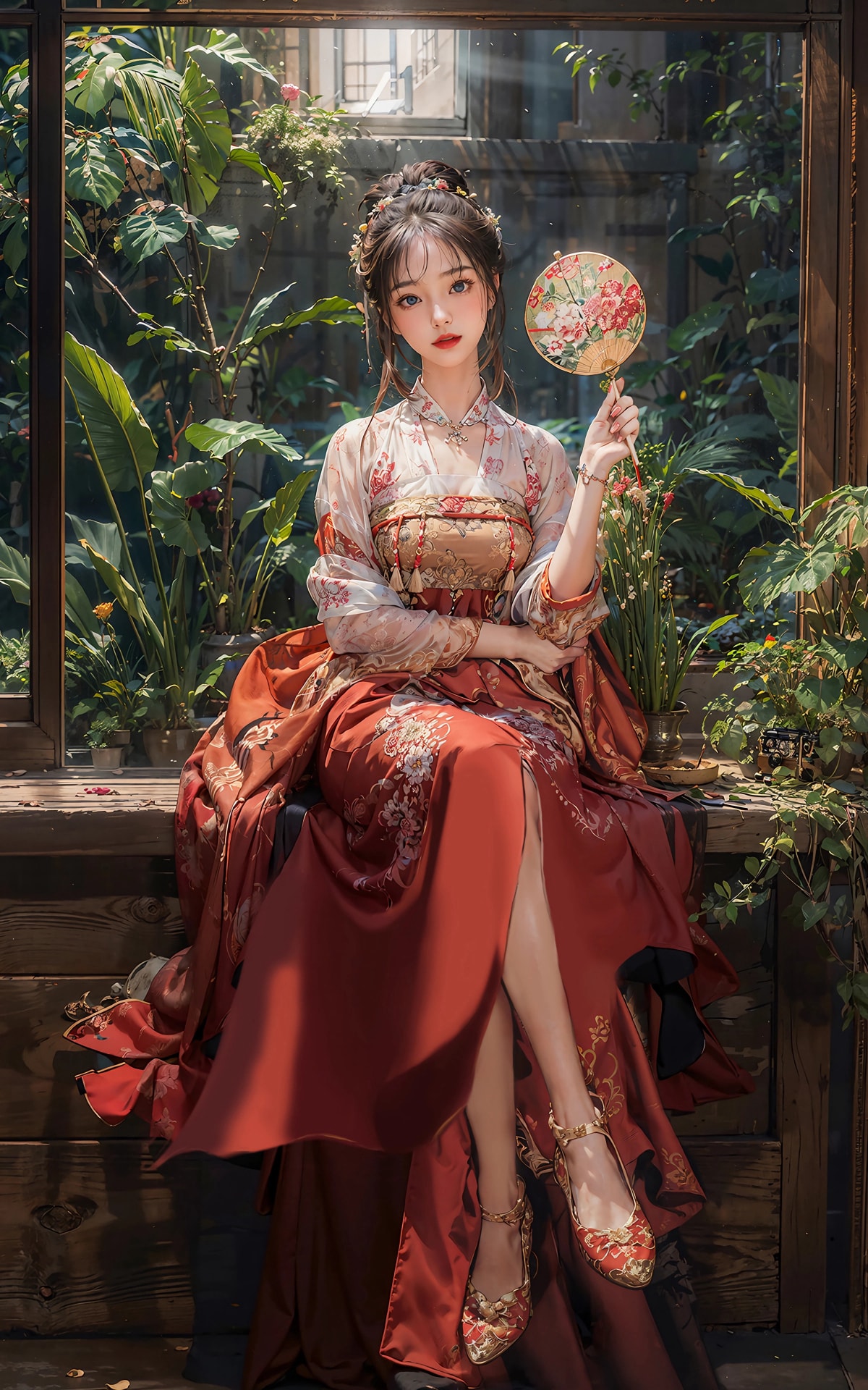 红色裙子古风美女 扇子 4K手机壁纸