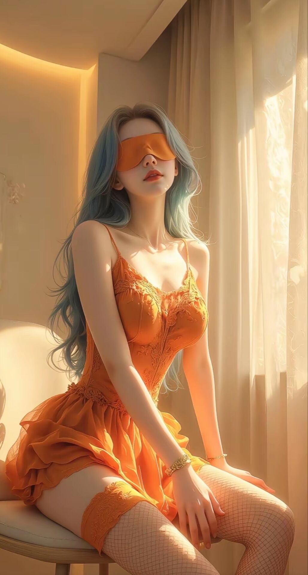 AI 蒙眼佳人 蕾丝吊带睡裙搭配丝袜美腿的梦幻影像手机壁纸