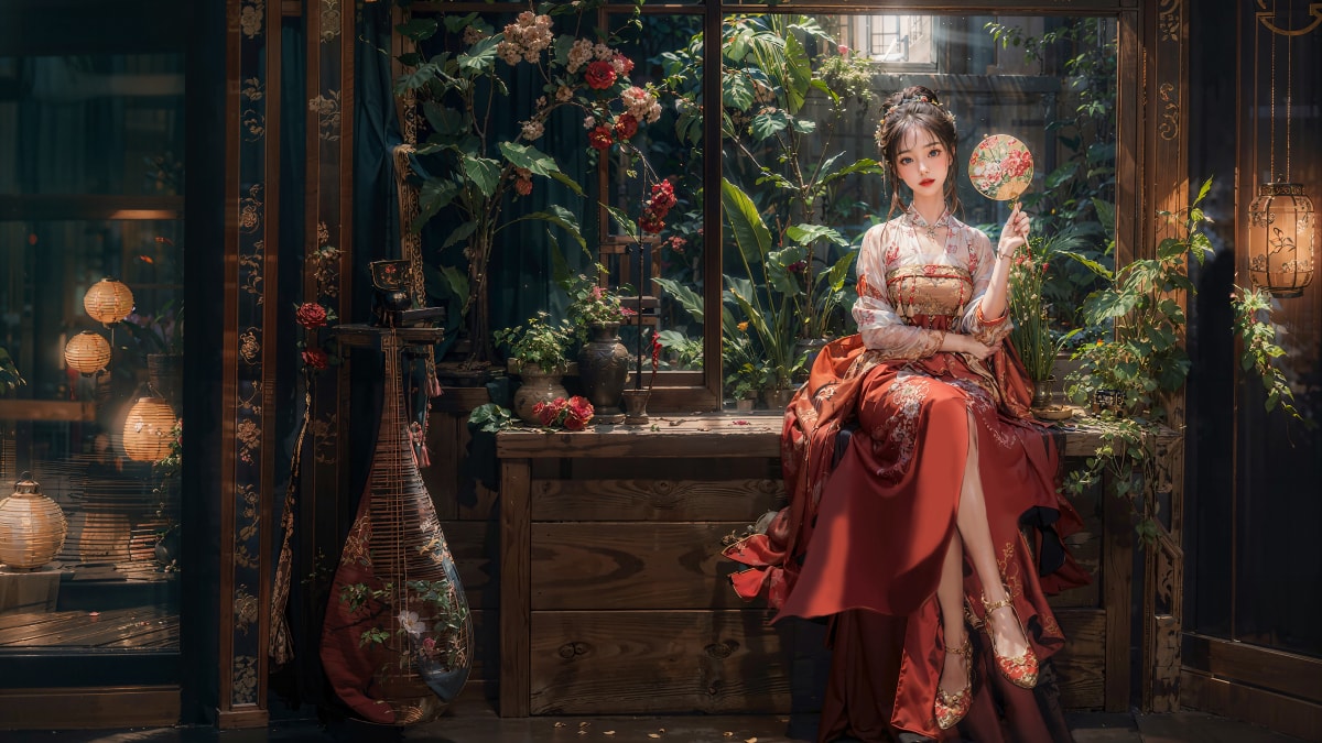 古风美女 扇子 红色裙子 室内 绿色植物 鲜花 4K壁纸