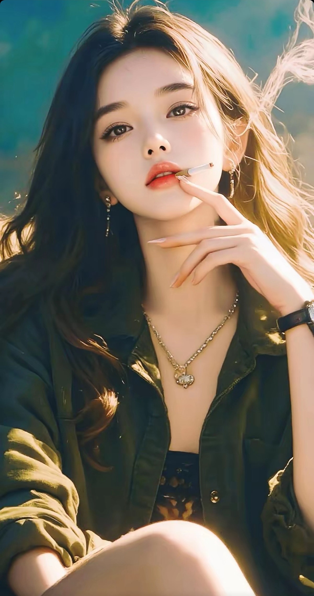 叼着烟的夹克美女手机壁纸图片