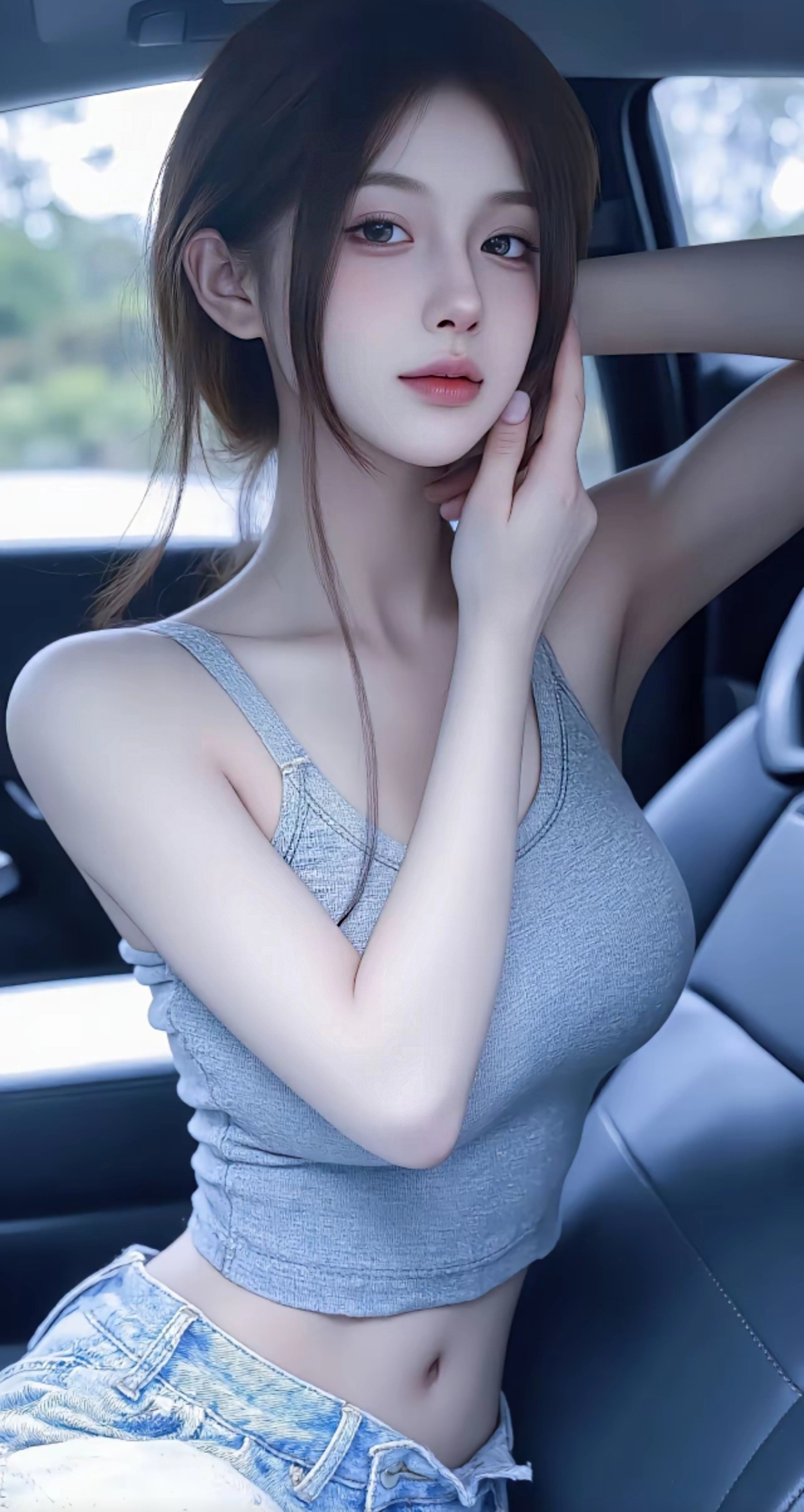 坐在汽车副驾上的紧身背心穿着AI天鹅颈美女手机壁纸图片