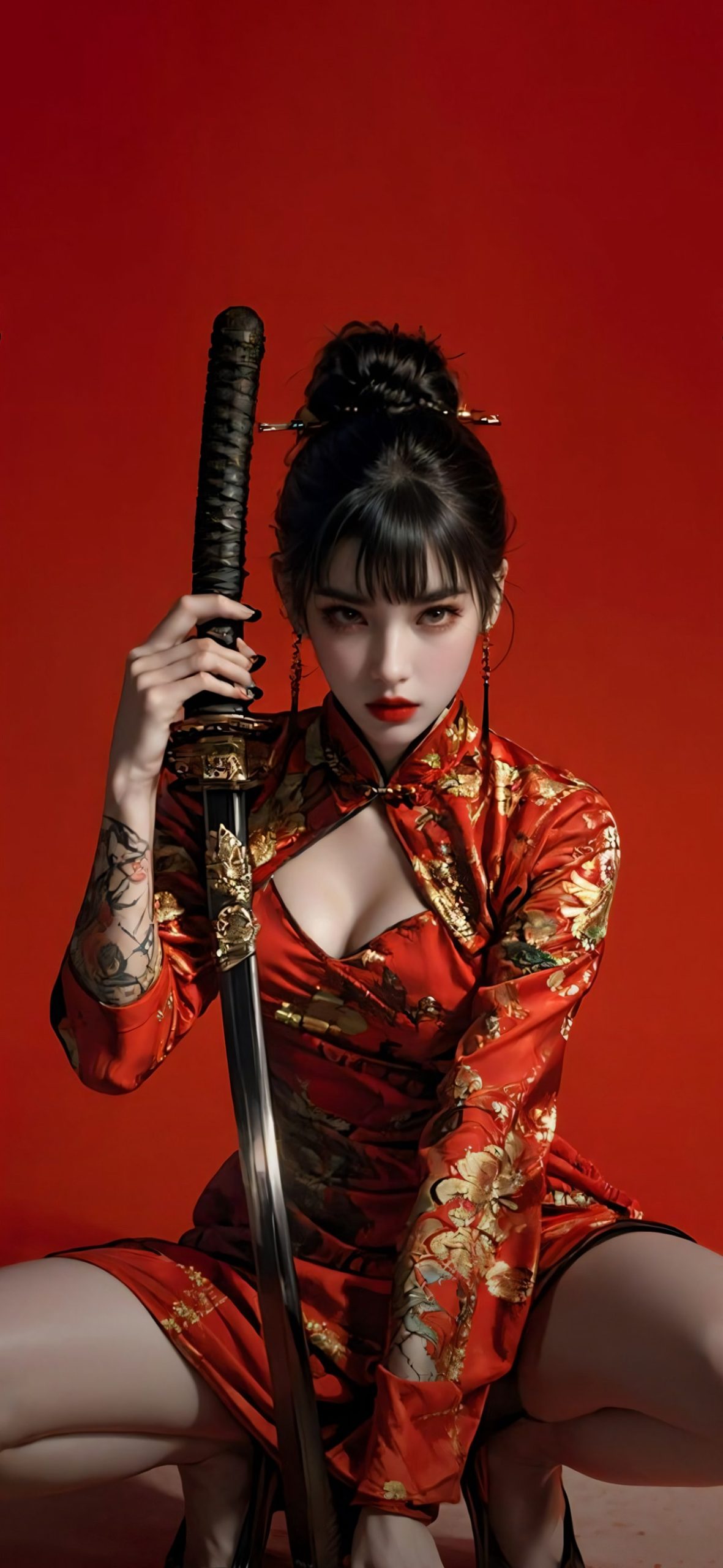 手扶着刀 旗袍装AI美女酷飒手机壁纸图片
