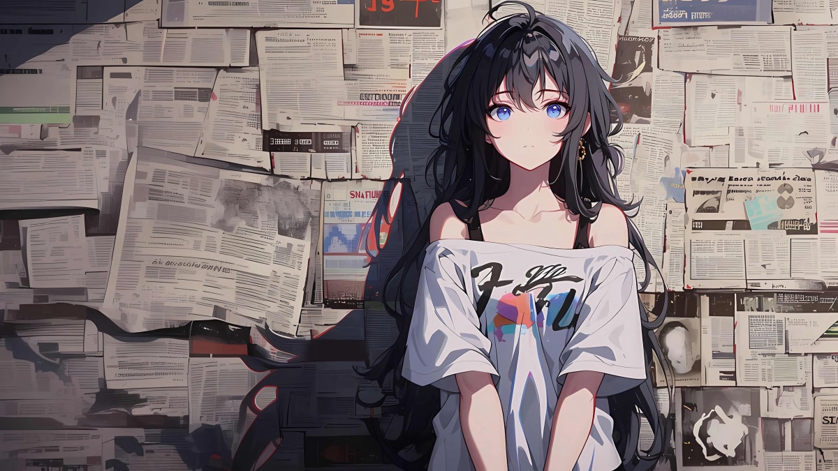 报纸墙少女 站在墙前面的蓝眼睛 露肩衫 二次元美少女高清桌面壁纸图片