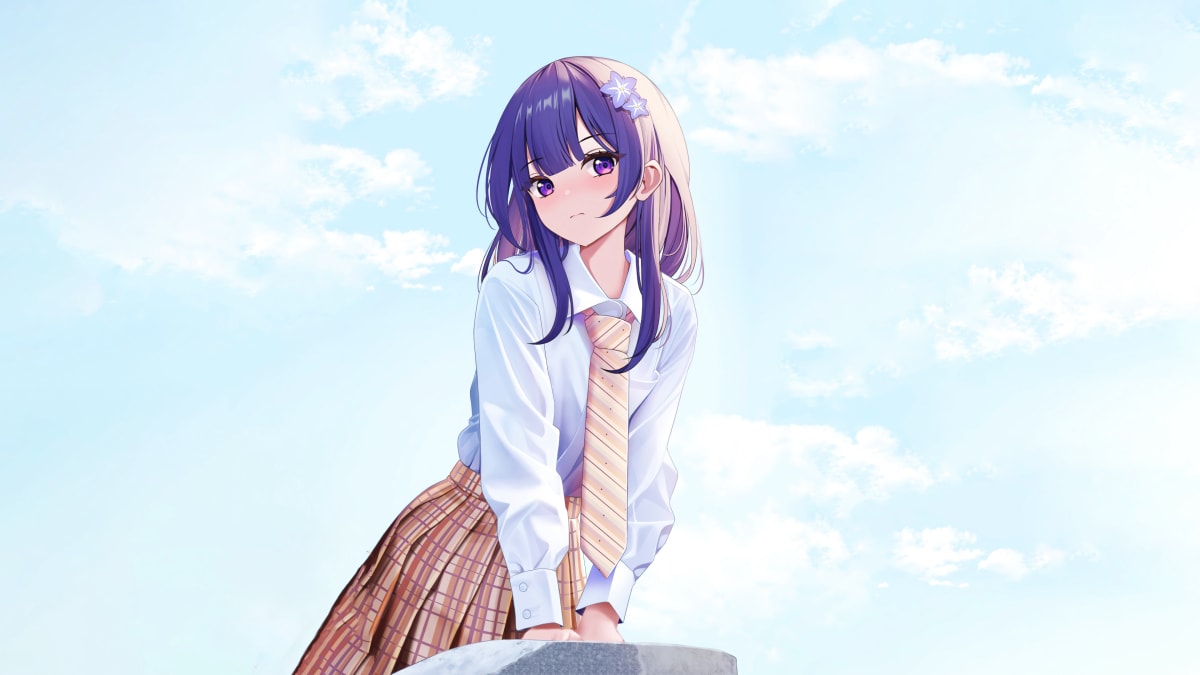 晴朗天空下的二次元JK短裙少女高清桌面壁纸图片