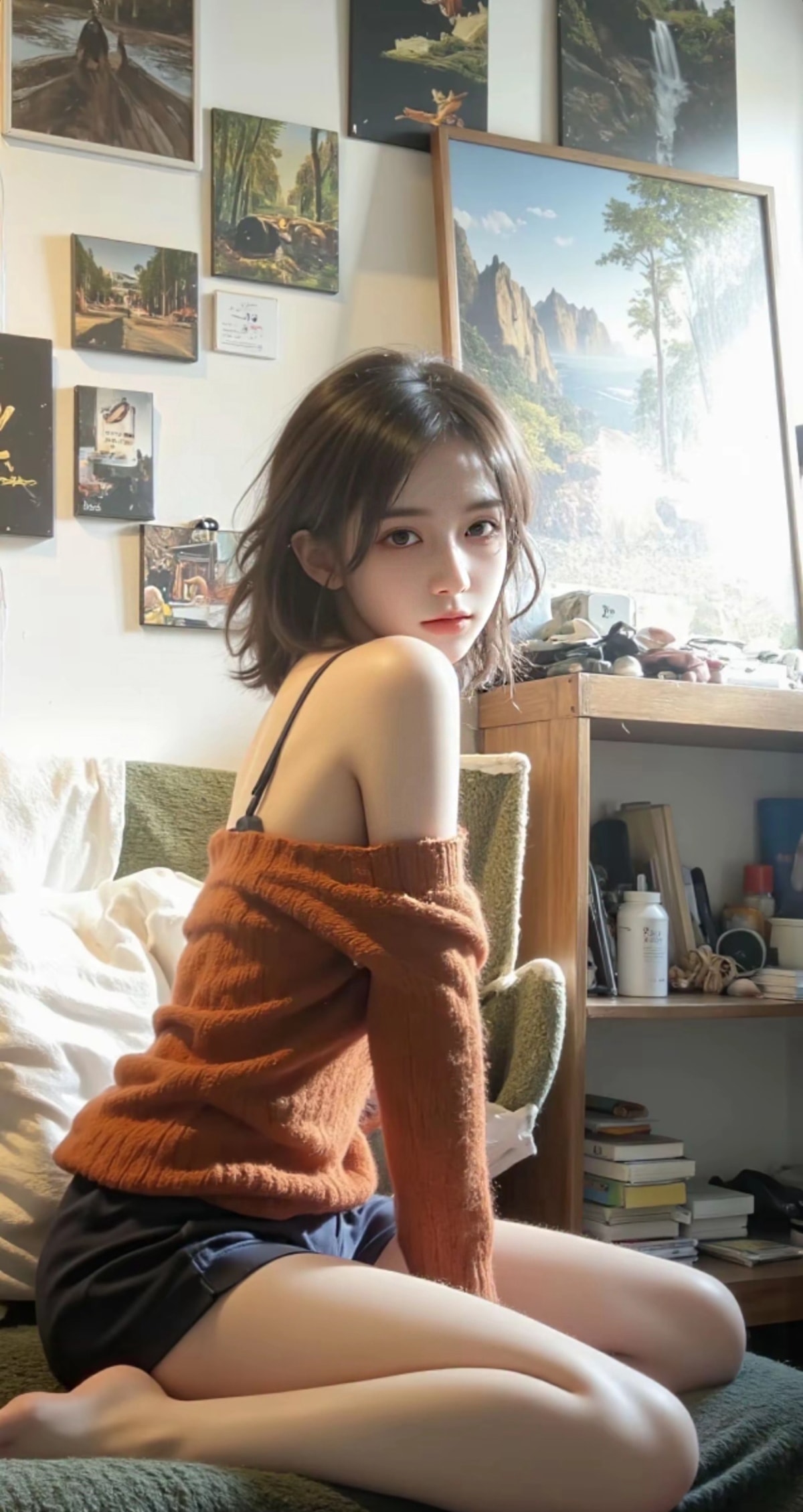 满是挂画的房间 美丽的毛衣短裤清纯美女沙发写真侧颜手机壁纸图片
