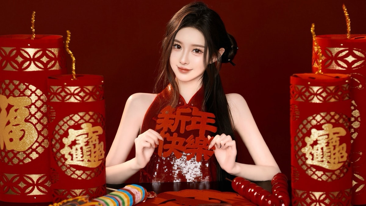 红色 喜庆 手拿新年快乐对联的红色旗袍美女节日写真壁纸图片