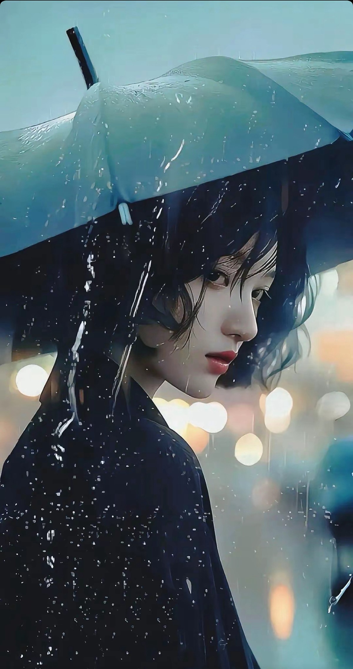 雨中女生 撑着黑色雨伞走在雨中的短发忧伤女生侧颜手机壁纸