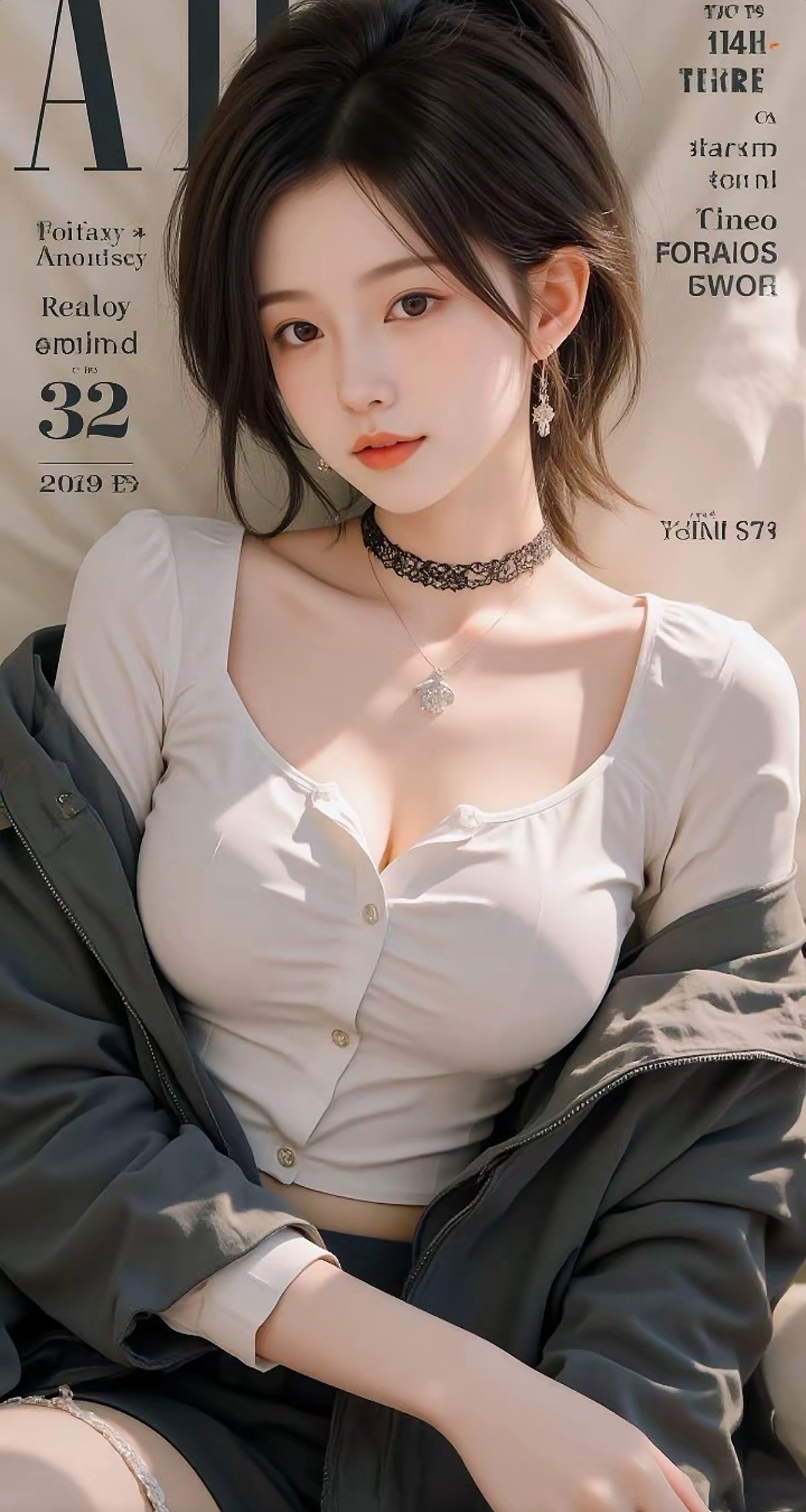 靠着英文幕布前的性感紧身衣大胸AI女友美女御姐高清手机壁纸图片