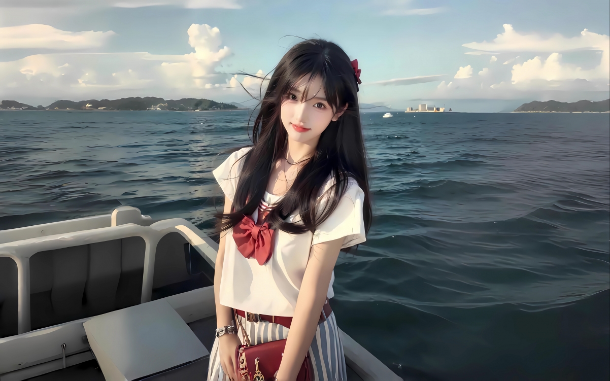 海上 船 可爱女生长发 4K壁纸全屏 