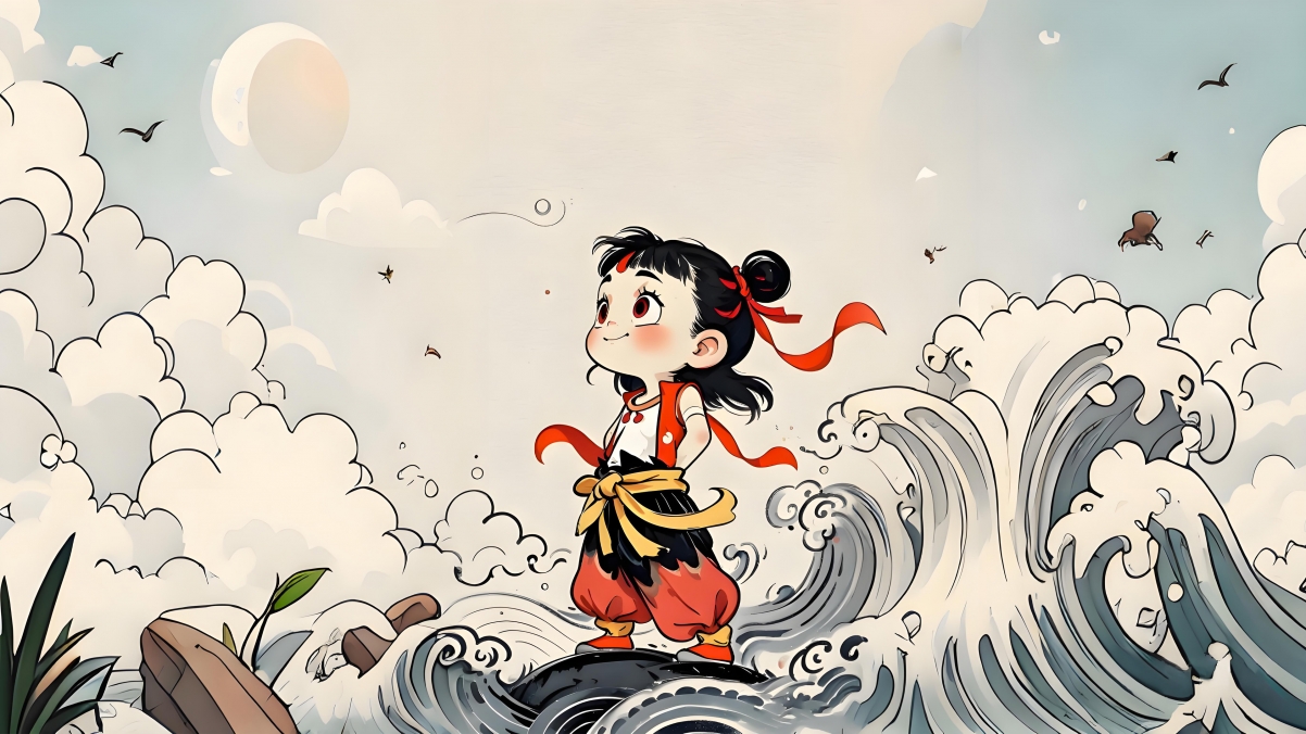 可爱小哪吒 海浪 4K壁纸 