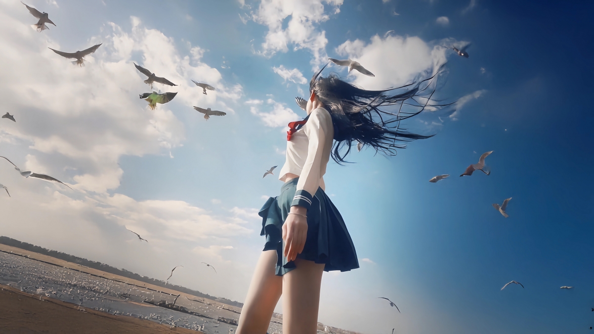 海边女生 海鸥 蓝色天空 4K壁纸