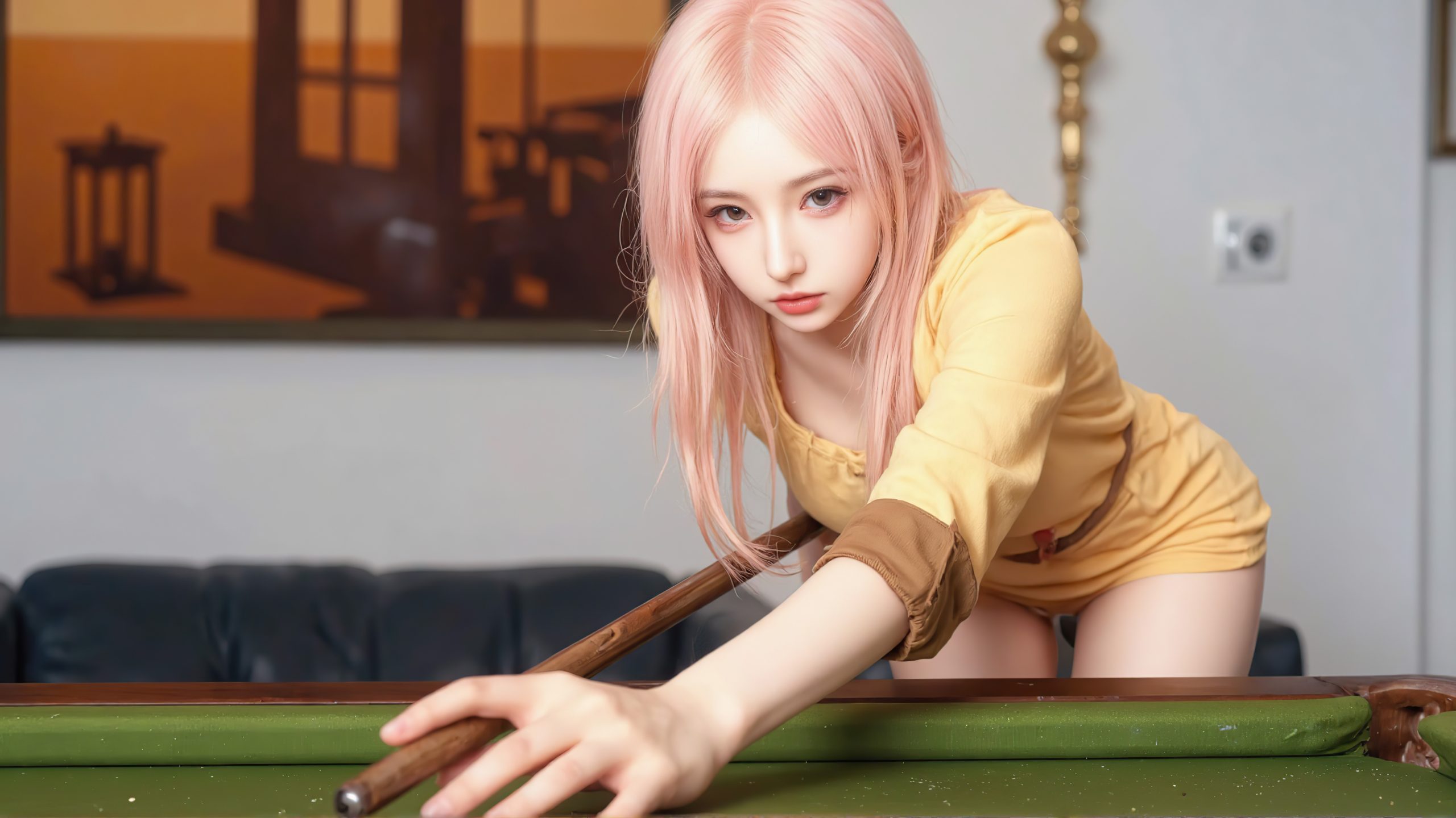 台球美女 粉色头发 身着黄色衣服短裤的AI美女插画壁纸图片
