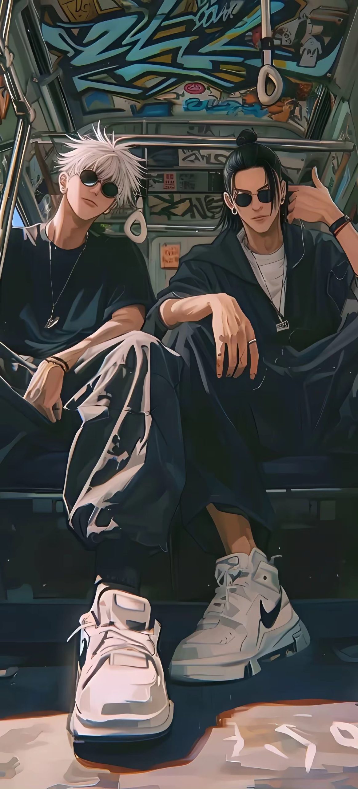 坐在公交上的两个酷帅 年轻 眼镜男插画手机壁纸图片